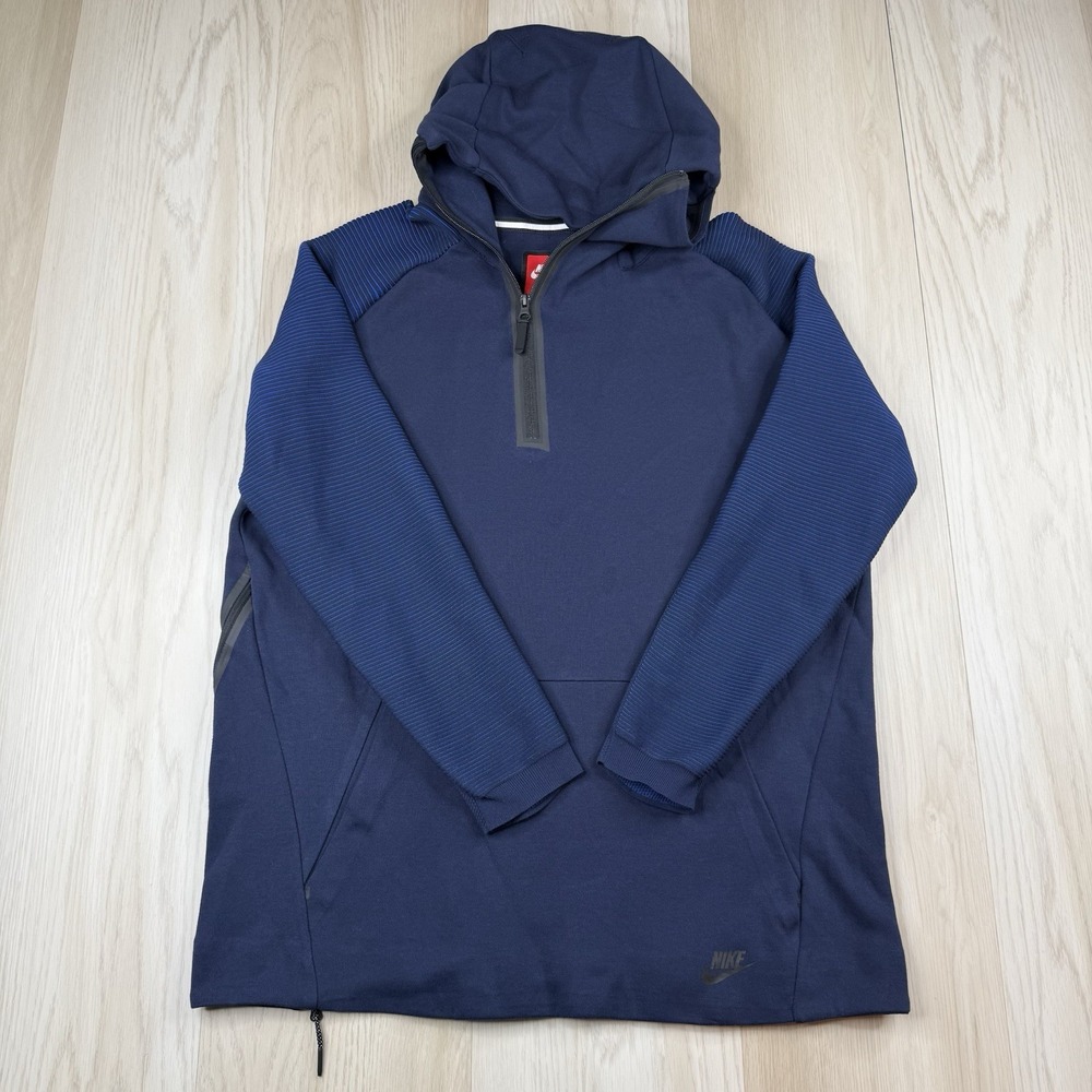 Nike Tech Fleece Hoodie Navy Blue Ribbed Sleeve Half Zip Funnel Neck Men's XL